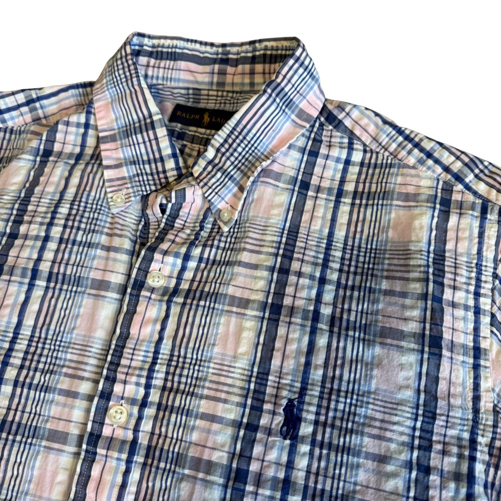 Ralph Lauren Mens Large Short Sleeve Plaid Seersucker Shirt Blue Pink Cotton